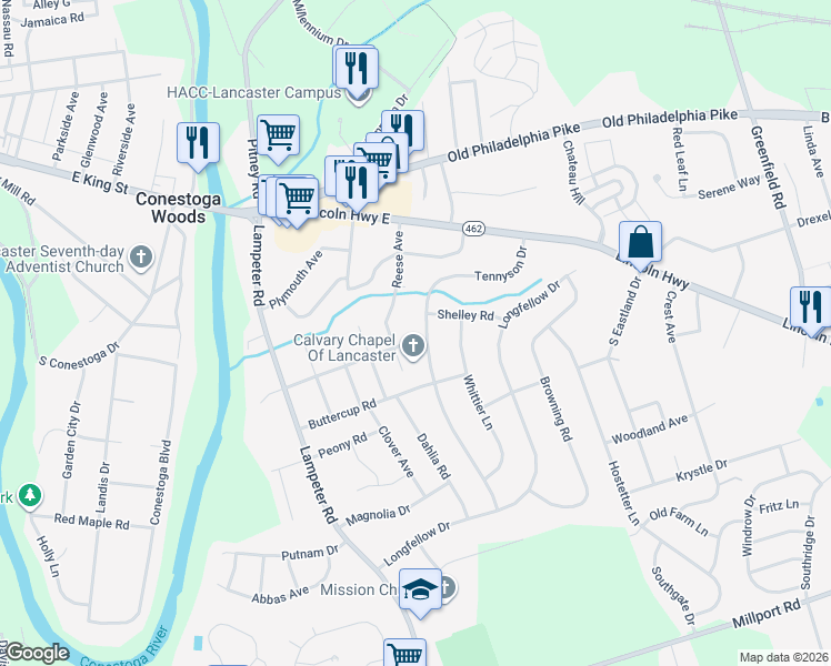 map of restaurants, bars, coffee shops, grocery stores, and more near 130 Tennyson Drive in Lancaster