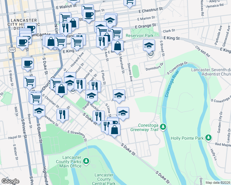 map of restaurants, bars, coffee shops, grocery stores, and more near 523 Juniata Street in Lancaster