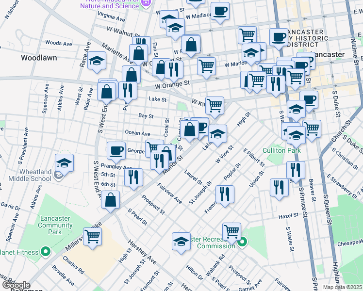 map of restaurants, bars, coffee shops, grocery stores, and more near 519 3rd Street in Lancaster
