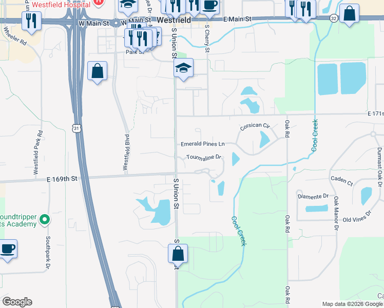 map of restaurants, bars, coffee shops, grocery stores, and more near 1834 Tourmaline Drive in Westfield