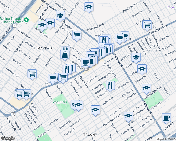 map of restaurants, bars, coffee shops, grocery stores, and more near 7037 Charles Street in Philadelphia