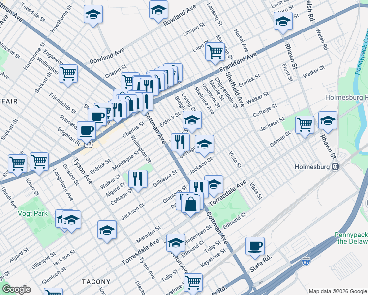 map of restaurants, bars, coffee shops, grocery stores, and more near 4349 Cottman Avenue in Philadelphia