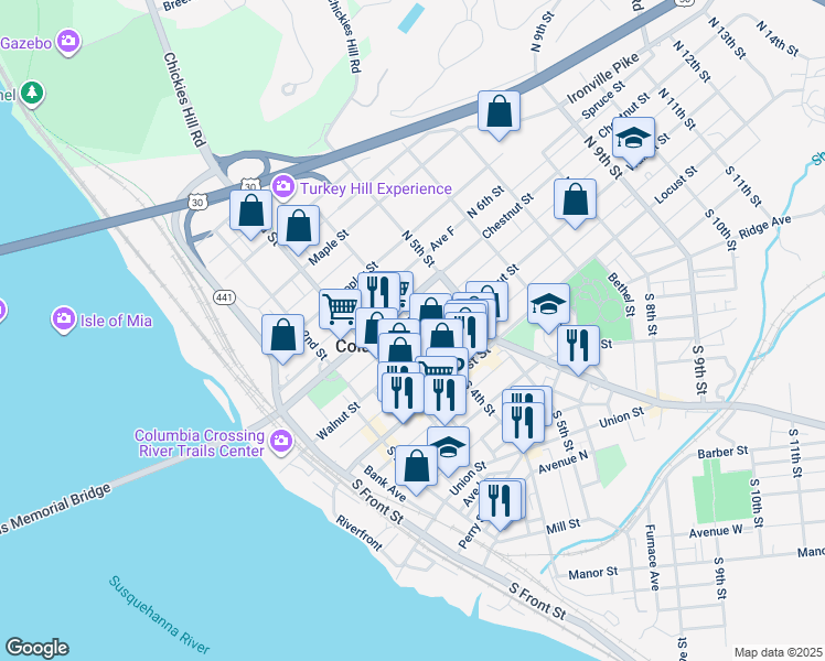 map of restaurants, bars, coffee shops, grocery stores, and more near 122 North 4th Street in Columbia