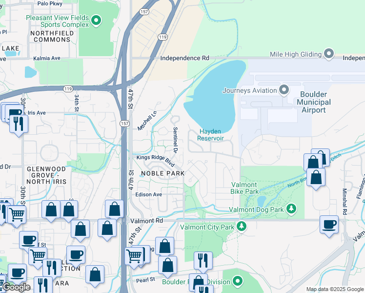 map of restaurants, bars, coffee shops, grocery stores, and more near 3284 Sentinel Drive in Boulder