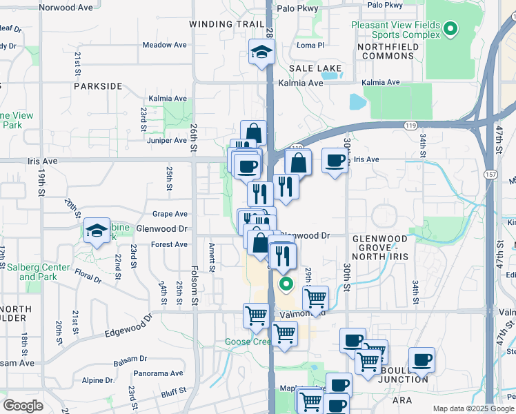map of restaurants, bars, coffee shops, grocery stores, and more near 3235 28th Street in Boulder