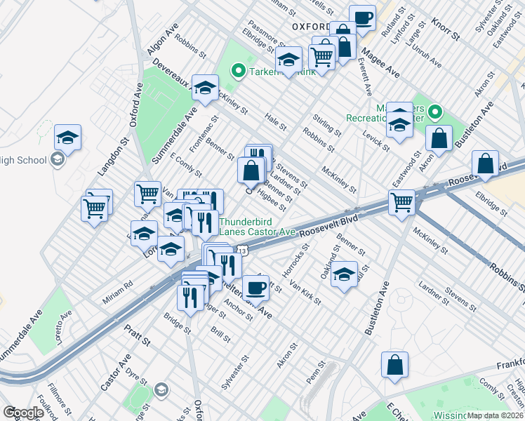 map of restaurants, bars, coffee shops, grocery stores, and more near 1438 East Comly Street in Philadelphia