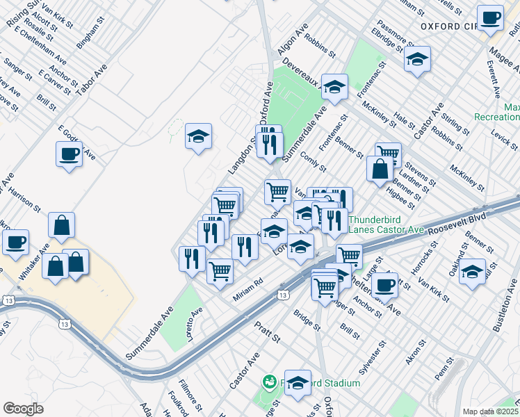 map of restaurants, bars, coffee shops, grocery stores, and more near 1120 East Cheltenham Avenue in Philadelphia