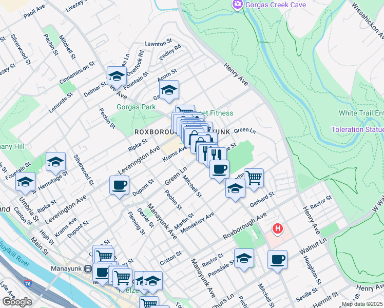 map of restaurants, bars, coffee shops, grocery stores, and more near 475 Green Lane in Philadelphia