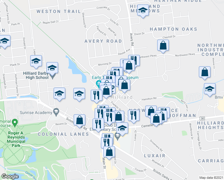 map of restaurants, bars, coffee shops, grocery stores, and more near 5344 Center Street in Hilliard