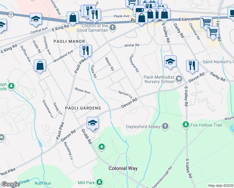 map of restaurants, bars, coffee shops, grocery stores, and more near 5 Devon Circle in Paoli
