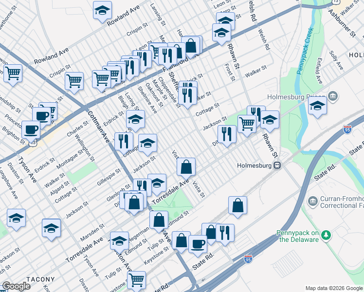 map of restaurants, bars, coffee shops, grocery stores, and more near 4553 Shelmire Avenue in Philadelphia