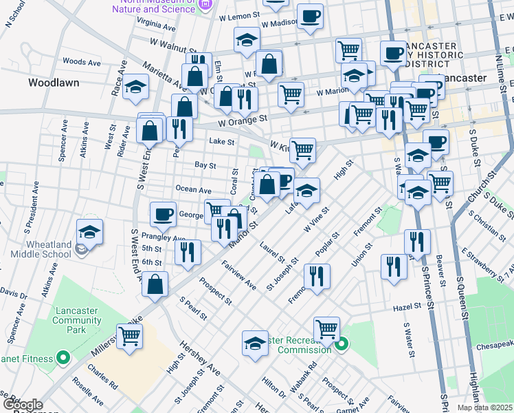 map of restaurants, bars, coffee shops, grocery stores, and more near 519 3rd Street in Lancaster
