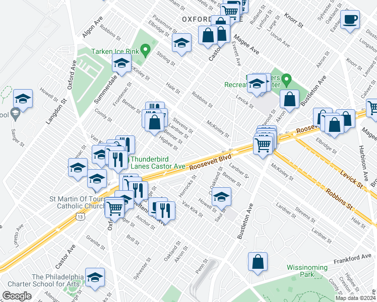 map of restaurants, bars, coffee shops, grocery stores, and more near 1512 Benner Street in Philadelphia
