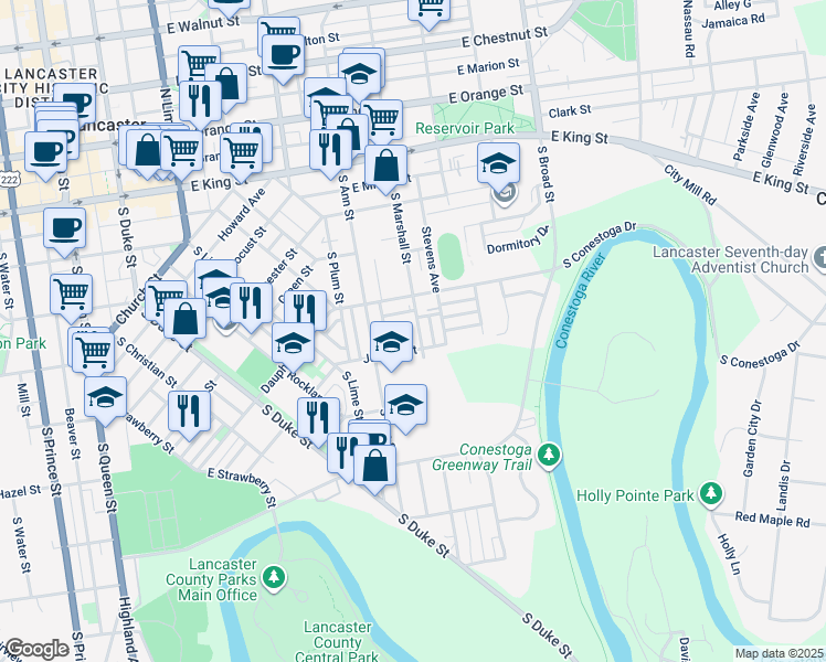 map of restaurants, bars, coffee shops, grocery stores, and more near 334 South Marshall Street in Lancaster