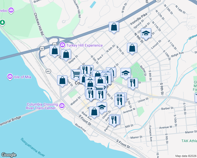 map of restaurants, bars, coffee shops, grocery stores, and more near 23 North 4th Street in Columbia