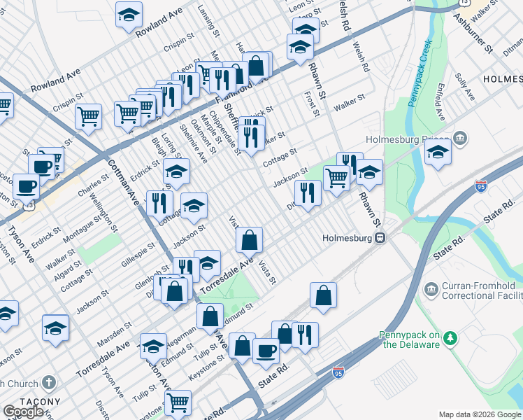 map of restaurants, bars, coffee shops, grocery stores, and more near 4553 Shelmire Avenue in Philadelphia