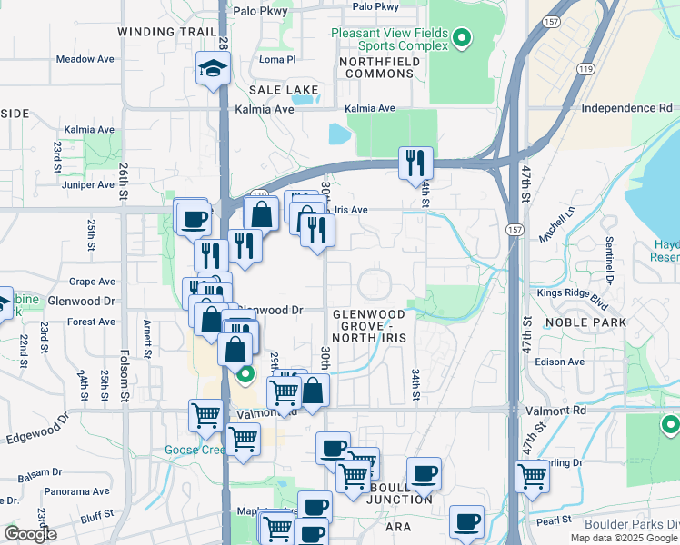 map of restaurants, bars, coffee shops, grocery stores, and more near 3030 Oneal Parkway in Boulder