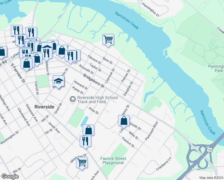 map of restaurants, bars, coffee shops, grocery stores, and more near 324 Whittaker Street in Riverside