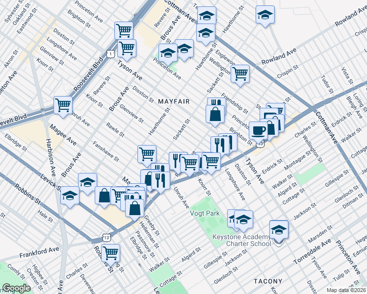 map of restaurants, bars, coffee shops, grocery stores, and more near 3239 Knorr Street in Philadelphia
