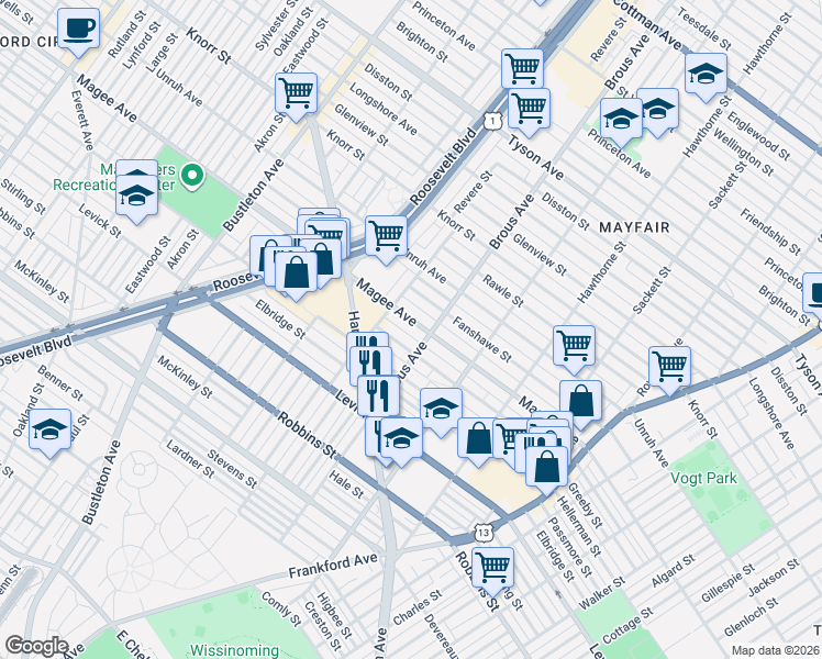 map of restaurants, bars, coffee shops, grocery stores, and more near 2849 Gilham Street in Philadelphia