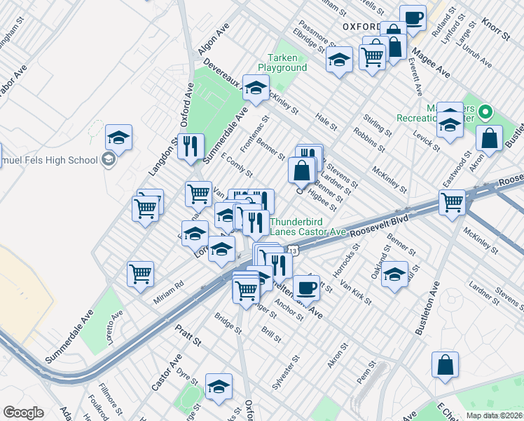 map of restaurants, bars, coffee shops, grocery stores, and more near 1330 Van Kirk Street in Philadelphia