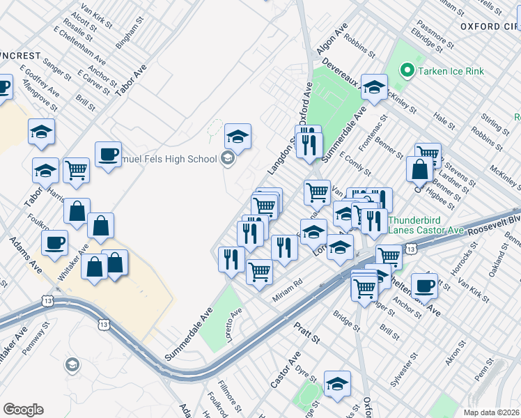 map of restaurants, bars, coffee shops, grocery stores, and more near 877 Brill Street in Philadelphia