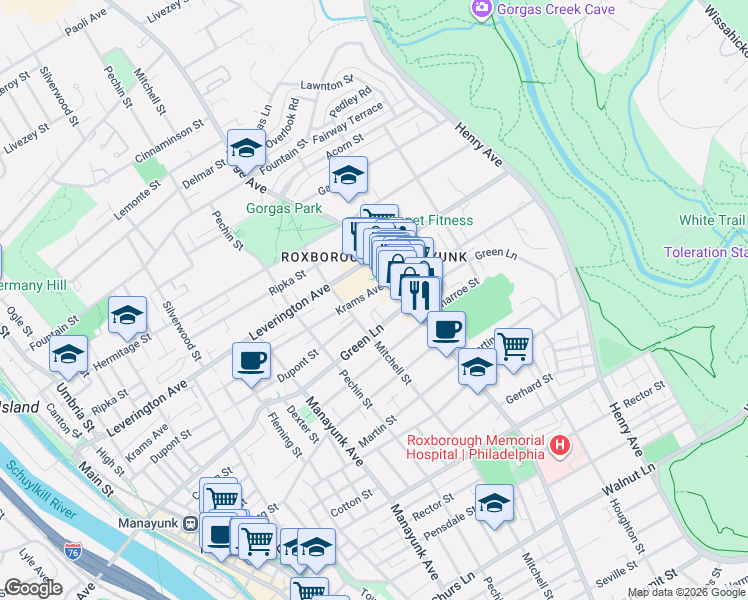 map of restaurants, bars, coffee shops, grocery stores, and more near 464 Green Lane in Philadelphia