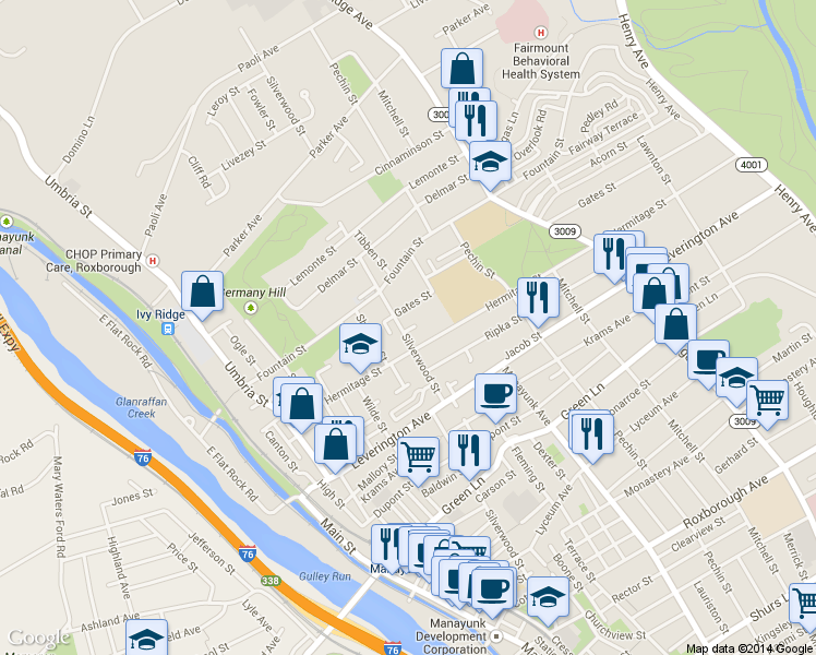 map of restaurants, bars, coffee shops, grocery stores, and more near 278 Hermitage Street in Philadelphia