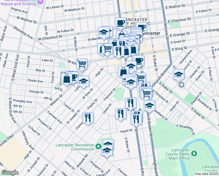map of restaurants, bars, coffee shops, grocery stores, and more near 329 East Filbert Street in Lancaster