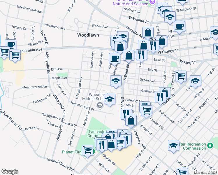 map of restaurants, bars, coffee shops, grocery stores, and more near 340 South West End Avenue in Lancaster
