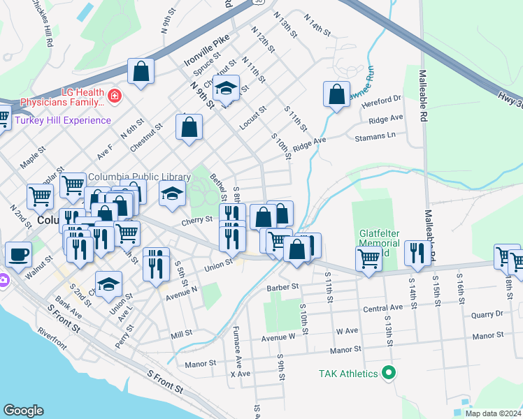 map of restaurants, bars, coffee shops, grocery stores, and more near 825 Wright Street in Columbia