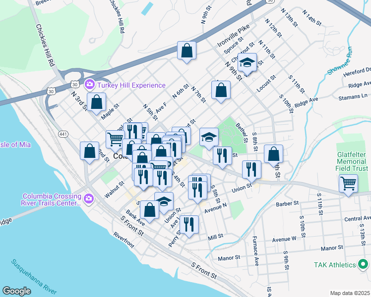 map of restaurants, bars, coffee shops, grocery stores, and more near 458 Locust Street in Columbia