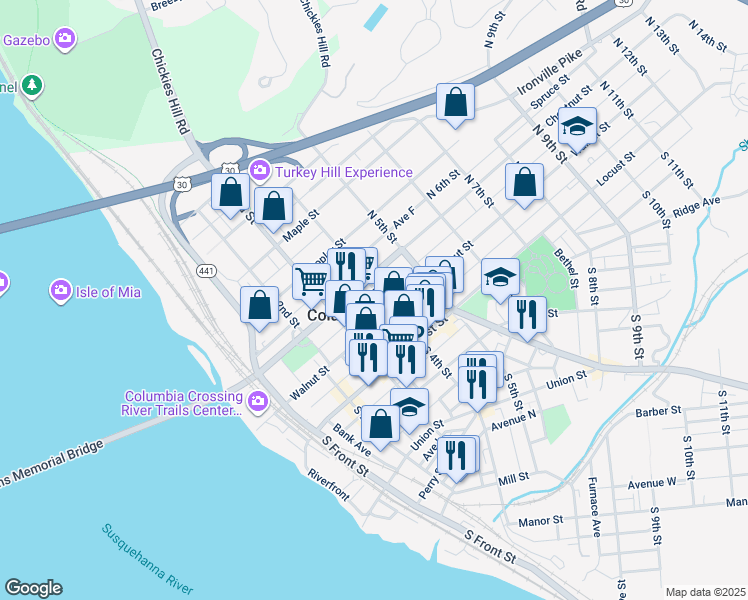 map of restaurants, bars, coffee shops, grocery stores, and more near 327 Walnut Street in Columbia