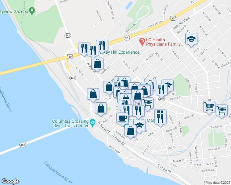 map of restaurants, bars, coffee shops, grocery stores, and more near in Columbia