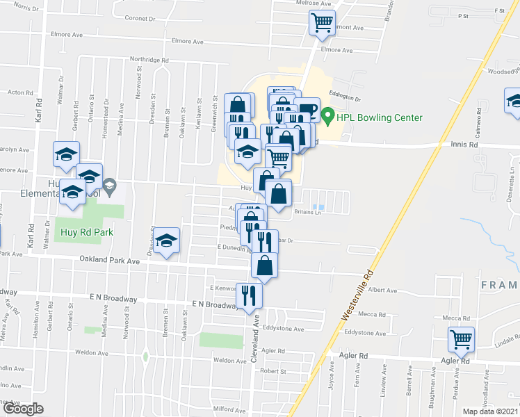 map of restaurants, bars, coffee shops, grocery stores, and more near 3232B Cleveland Avenue in Columbus