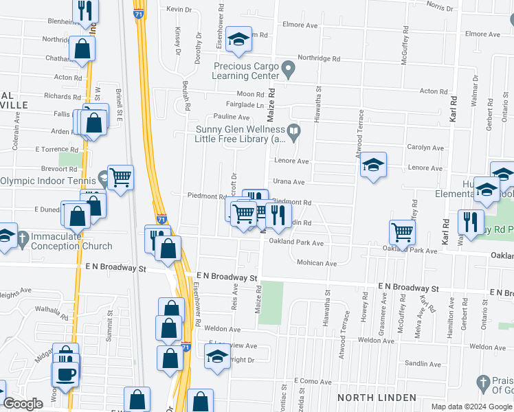 map of restaurants, bars, coffee shops, grocery stores, and more near 3371 Maize Road in Columbus