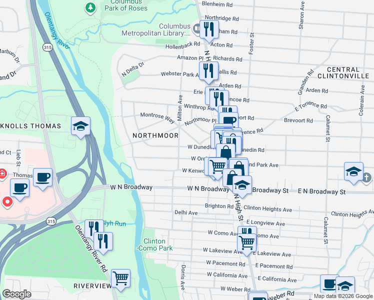 map of restaurants, bars, coffee shops, grocery stores, and more near 147 West Orchard Lane in Columbus