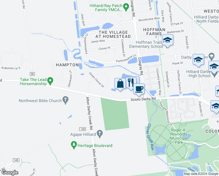 map of restaurants, bars, coffee shops, grocery stores, and more near 6506 Scioto Darby Road in Hilliard