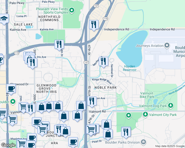 map of restaurants, bars, coffee shops, grocery stores, and more near 3260 47th Street in Boulder