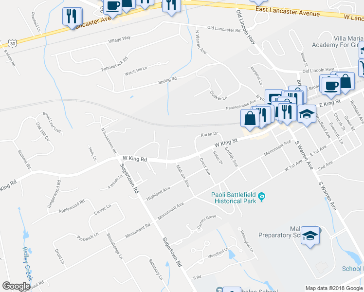 map of restaurants, bars, coffee shops, grocery stores, and more near Jennings Lane in Malvern