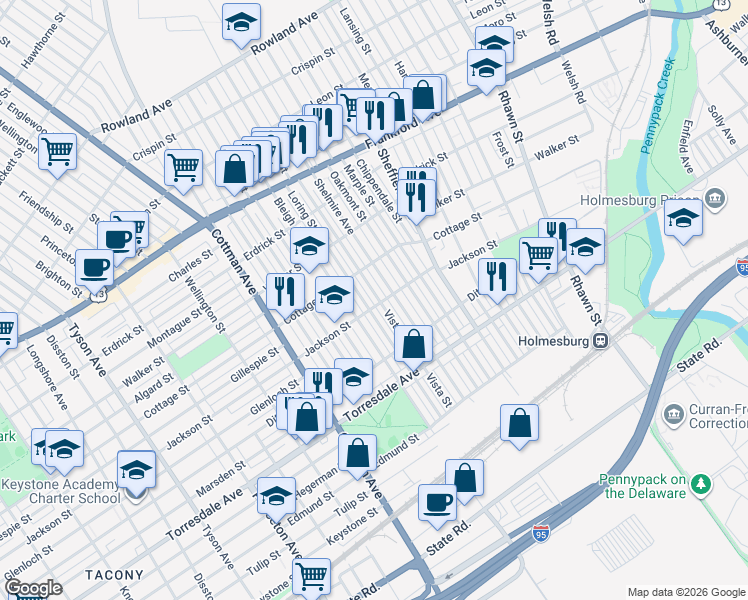 map of restaurants, bars, coffee shops, grocery stores, and more near 4524 Vista Street in Philadelphia