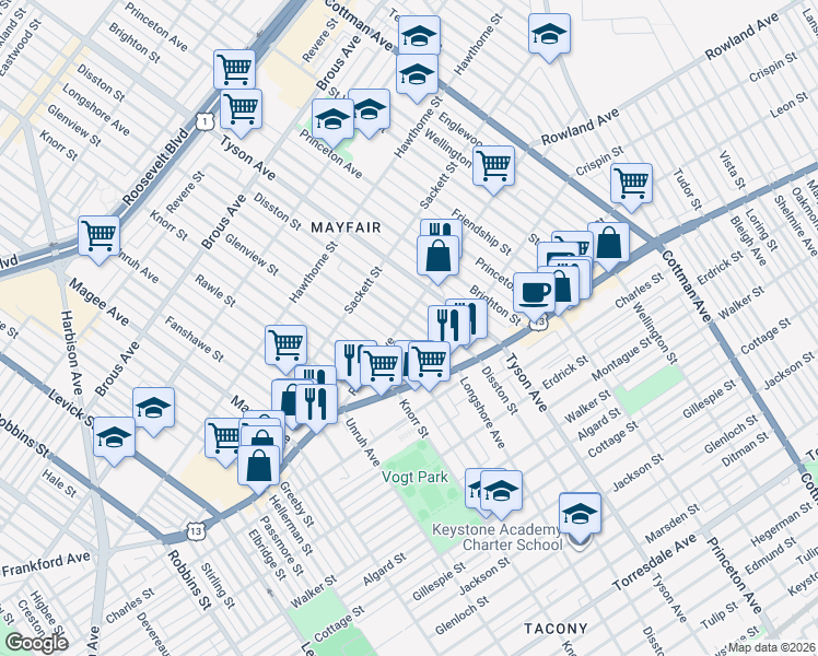 map of restaurants, bars, coffee shops, grocery stores, and more near 3311 Glenview Street in Philadelphia