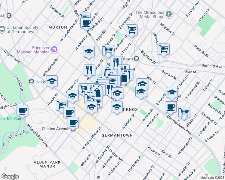 map of restaurants, bars, coffee shops, grocery stores, and more near West Maplewood Mall in Philadelphia