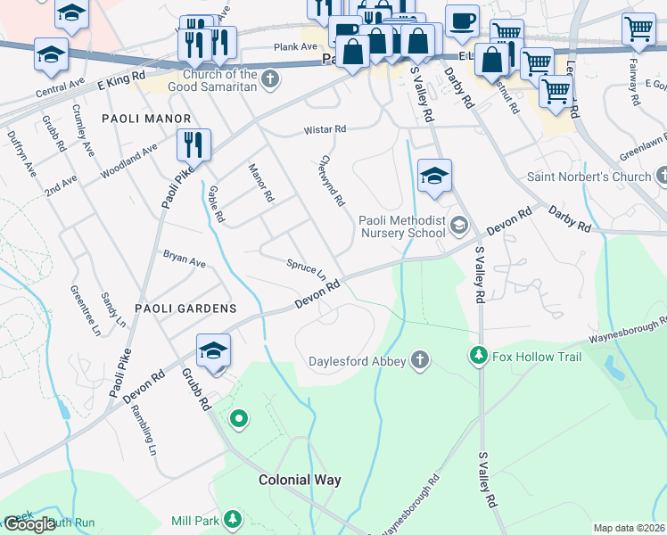 map of restaurants, bars, coffee shops, grocery stores, and more near 54 Devon Road in Malvern