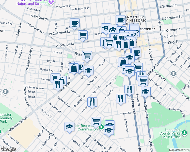 map of restaurants, bars, coffee shops, grocery stores, and more near 533 Saint Joseph Street in Lancaster