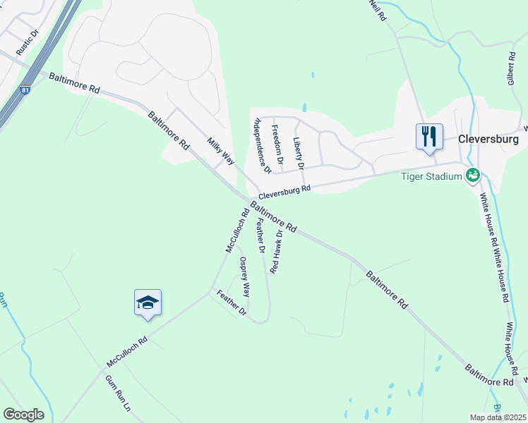 map of restaurants, bars, coffee shops, grocery stores, and more near 1 Feather Drive in Shippensburg