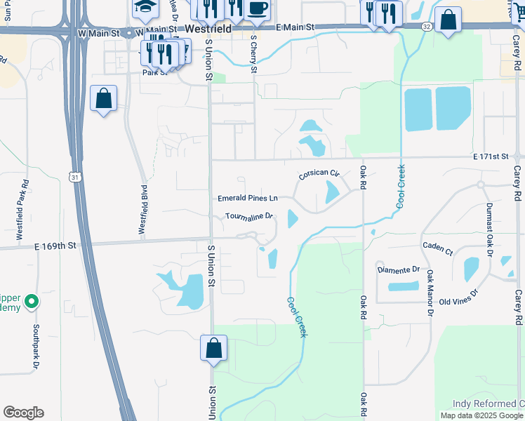 map of restaurants, bars, coffee shops, grocery stores, and more near 2017 Tourmaline Drive in Westfield