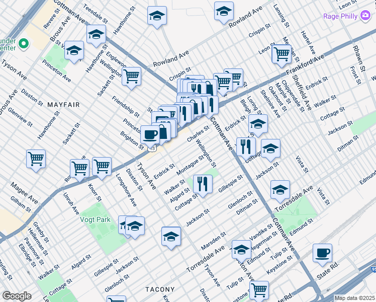 map of restaurants, bars, coffee shops, grocery stores, and more near 7140 Erdrick Street in Philadelphia