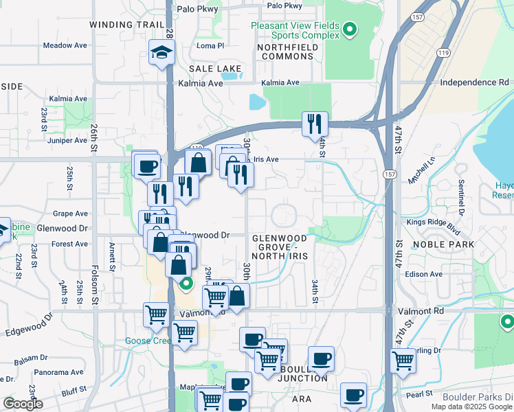 map of restaurants, bars, coffee shops, grocery stores, and more near 3035 O'Neal Parkway in Boulder