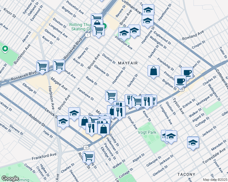 map of restaurants, bars, coffee shops, grocery stores, and more near 3120 Knorr Street in Philadelphia